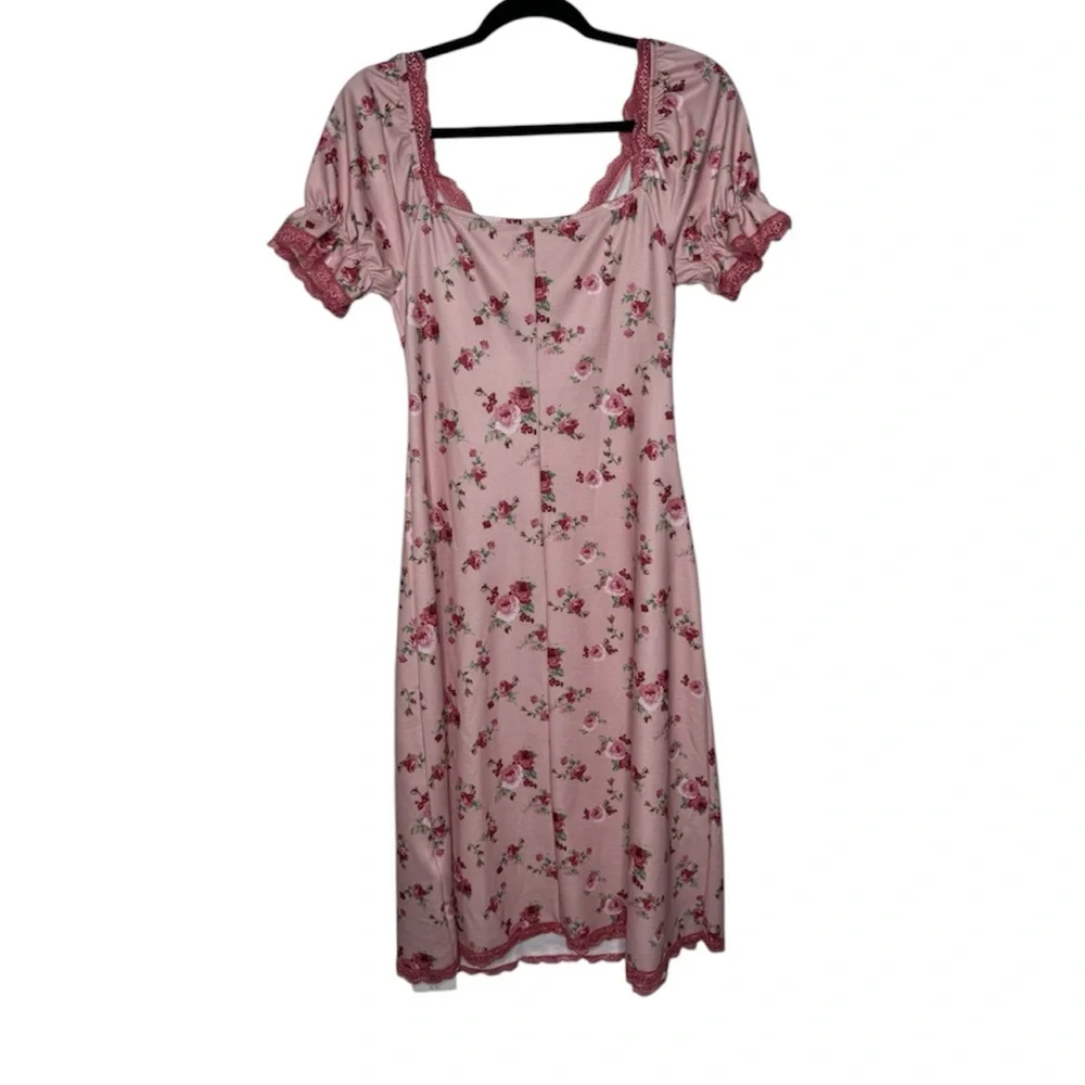 CIDER pink floral square neck knit midi dress lace trim y2k whimsical cottage